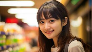 Asia woman delicate face cute smile looking to camera AI Generative photo