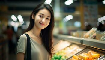 Asia woman delicate face cute smile looking to camera AI Generative photo