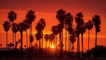 dramatic palm tree silhouette of desert sunset Generative AI photo