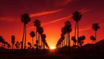 dramático palma árbol silueta de Desierto puesta de sol generativo ai foto