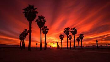 dramatic palm tree silhouette of desert sunset Generative AI photo