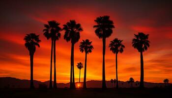 dramatic palm tree silhouette of desert sunset Generative AI photo