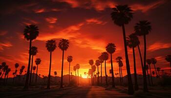 dramatic palm tree silhouette of desert sunset Generative AI photo