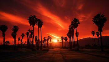 dramatic palm tree silhouette of desert sunset Generative AI photo