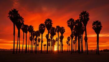 dramático palma árbol silueta de Desierto puesta de sol generativo ai foto