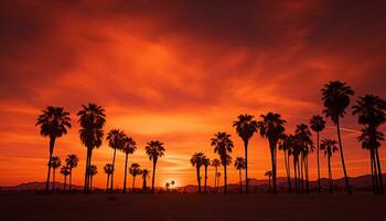 dramatic palm tree silhouette of desert sunset Generative AI photo