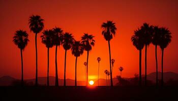 dramático palma árbol silueta de Desierto puesta de sol generativo ai foto