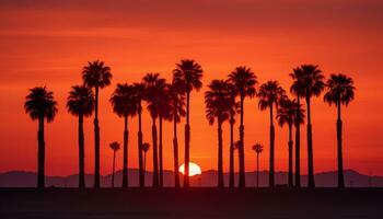 dramático palma árbol silueta de Desierto puesta de sol generativo ai foto