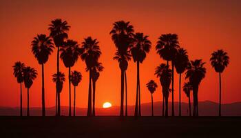 dramático palma árbol silueta de Desierto puesta de sol generativo ai foto