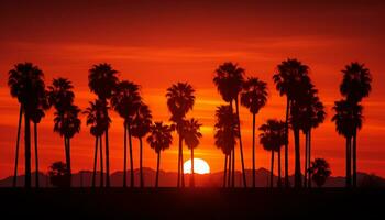 dramatic palm tree silhouette of desert sunset Generative AI photo