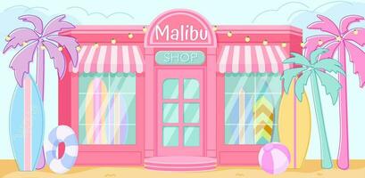 Cartoon Beach Shop front view. Pink barbiecore trendy cafe building. Girl Birthday backdrop. Malibu surf store background. Pink doll aesthetic. vector