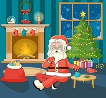 Cartoon Hippie Santa Claus sitting on floor in decorated room with Fireplace, Christmas Tree and Gifts. Nostalgic Christmas Eve. New Year vintage card. Vector illustration