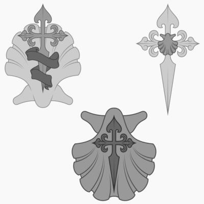 Vector design of christian symbology of the apostle santiago, santiago cross with scallop, sword and ribbon