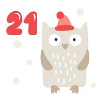 Christmas advent calendar with hand drawn element owl. Day twenty one 21. Scandinavian style poster. Cute winter illustration for card, poster, kid room decor, nursery art vector