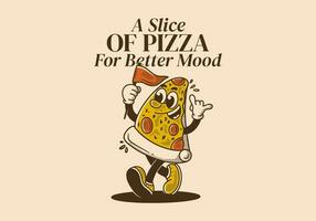 A slice of pizza for better mood. Mascot character illustration of walking pizza, holding a flag vector