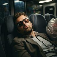 man sleeping outside on a coach wearing square glasses AI Generative photo