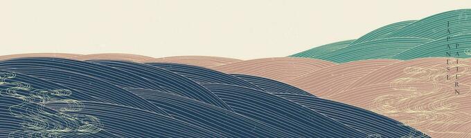 Japanese background with hand drawn wave vector. Abstract landscape template with line pattern. Mountain forest layout design in vintage style. vector