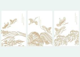 Set of hand drawn wave with Japanese pattern vector. Oriental decoration with crane birds banner design, flyer or presentation in vintage style. Ocean sea elements. vector