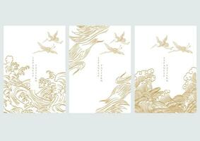 Japanese template with hand drawn wave vector. Oriental template with abstract background in vintage style. Crane birds decoration. vector