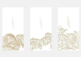 Set of hand drawn wave with Japanese pattern vector. Oriental decoration with banner design, flyer or presentation in vintage style. Ocean sea elements. vector