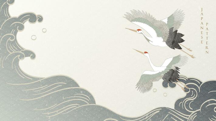 Crane bird decoration vector. Japanese background with hand drawn line wave pattern. Ocean sea banner design with natural landscape art template in vintage style.
