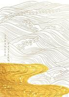 Japanese background with hand drawn ocean wave line vector. Gold texture in vintage style. Presentation template design, poster, cd cover, flyer, website backgrounds, banner or advertising. vector