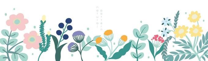 Horizontal flower banner or floral backdrop decorated with gorgeous multicolored blooming flowers and leaves border. Spring botanical flat vector illustration on white background in simple style