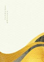 Japanese background with hand drawn line wave pattern vector. Abstract art template with geometric pattern. Mountain forest layout design in vintage style. Gold and black texture. vector