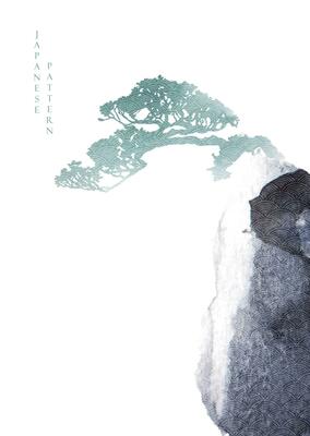Abstract art with watercolor texture background vector. Chinese New Year card design with brush stroke elements. Stone and cloud contemporary template in  Nature landscape with Japanese pattern.
