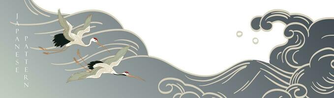 grua pájaro decoración vector. japonés antecedentes con mano dibujado ola modelo. Oceano mar bandera diseño con natural paisaje bandera modelo en Clásico estilo. vector