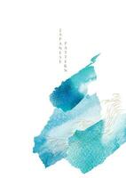 Blue brush stroke texture with Japanese ocean wave pattern in vintage style. Abstract art landscape banner design with watercolor texture vector. vector