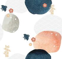 Abstract art background with traditional Japanese icon and pattern vector. Watercolor texture in Chinese style. Circle object banner illustration vector