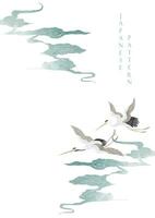 Japanese background with watercolor texture vector. Brush stroke decoration with hand drawn ocean sea elements in vintage style. Wave pattern. Crane birds element. vector