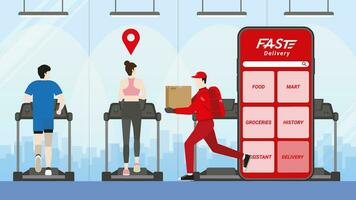 Delivery man and parcel box with fast express deliver get through mobile phone application vector