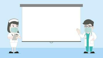 Blank text box. The doctor and nurse wear surgical mask explain lecture by slide blank slide presentation. vector