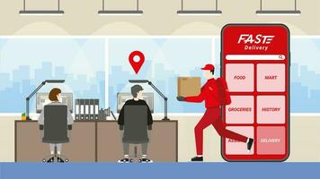 Online shopping and fast delivery concept. Delivery man and parcel box with fast express vector