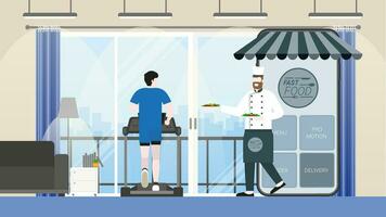 Man order from treadmill in living room. vector