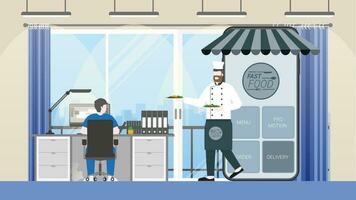 Online food and fast delivery concept. Chef as business owner get through mobile screen vector