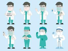 Asian doctor set with medical uniform personal protective equipment cartoon style character design vector