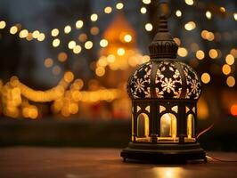 Traditional lantern with beautiful lights and mosque in background AI Generative photo