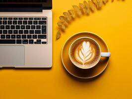 Top view laptop with coffee cup on a yellow background AI Generative photo