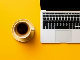 Top view laptop with coffee cup on a yellow background AI Generative photo