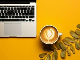 Top view laptop with coffee cup on a yellow background AI Generative photo