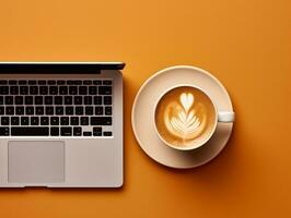 Top view laptop with coffee cup on a yellow background AI Generative photo