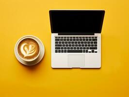 Top view laptop with coffee cup on a yellow background AI Generative photo