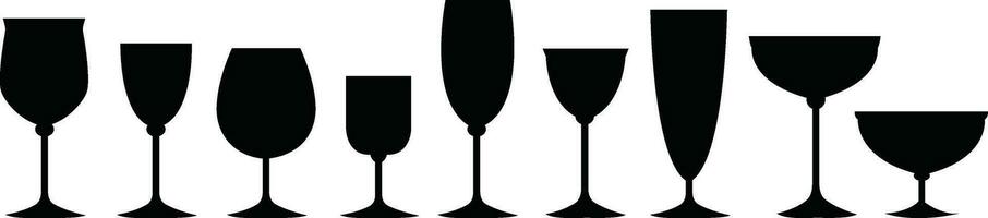 Wine glasses icons set simple symbol of bar, restaurant. Various wine glass flat vector black silhouette collection for mobile concept and web design.