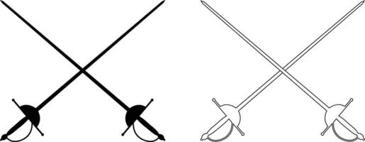 fencing sports icon set logo solid design collection. Crossed rapiers swords or fencing duel flat and line vector isolated on . Trendy style black icon for games and websites.