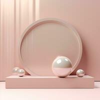 Empty minimalistic glossy scene with pearls. Pink, beige, neutral color podium for goods and items. Generative AI photo