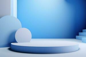 Minimalistic blue podium, stage, product display pedestal, empty, glossy, round. Generative AI photo