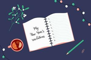 New Year resolutions. Goals list for next year. Notebook, pencil, mulled wine and mistletoe branch. Vector illustration.